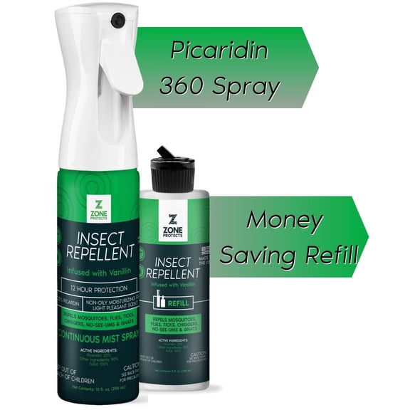 Zone Protects Picaridin Insect Repellent Combo; 10oz Picaridin Spray w/ 8oz Refill Bottle; DEET-Free, Oil-Free; 12-hr Protection Against Mosquitoes, Ticks, Biting Flies and Chiggers