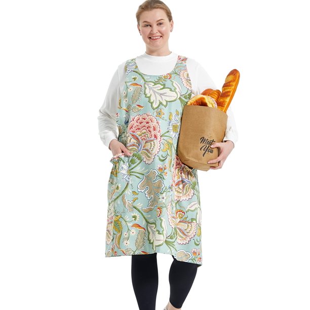 Apronner Delantales Grandes Para Mujer Con Bolsillos De Algodón Y Lino Para Hornear Cocina, Flores Verdes
