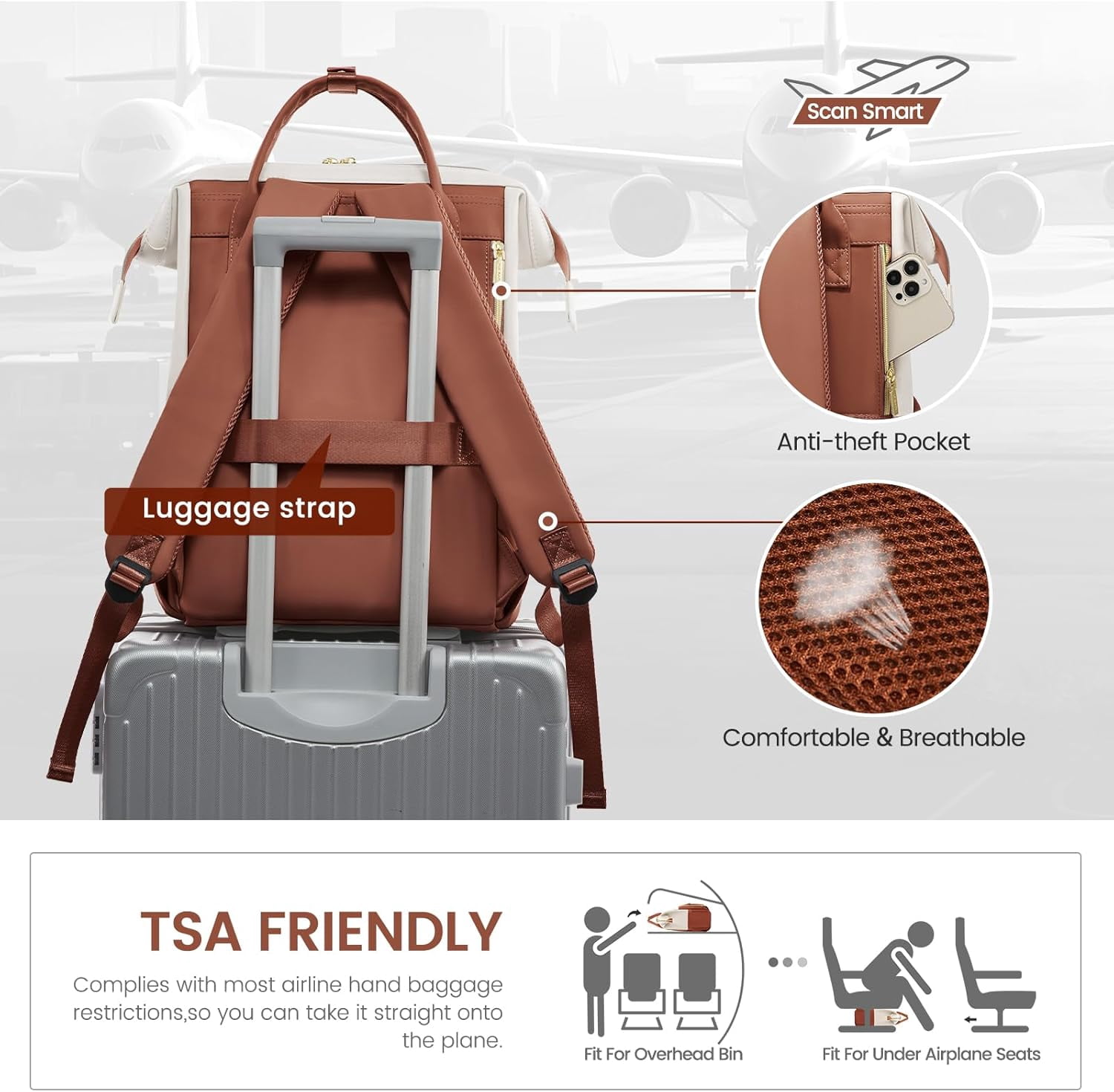 LOVEVOOK Leather Laptop Backpack for Women, 17 inch Professional Work & Travel Bag, Brown