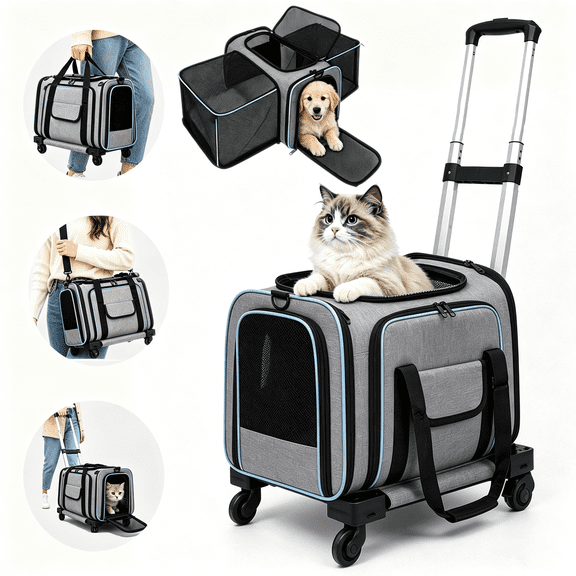 Naeqieo Pet Carrier with Wheels for Cat and Small Dog , Foldable Airline Approved Rolling Pet Carrier 17 lbs with Telescopic Handle, Gray