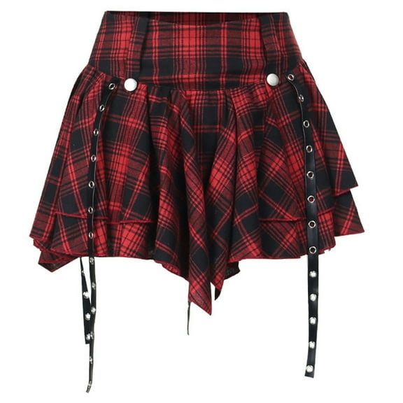 Aellinatey Dark Goth Women Checkered Pleated Ruffle Eyelets Bandages A Line Mini Skirt