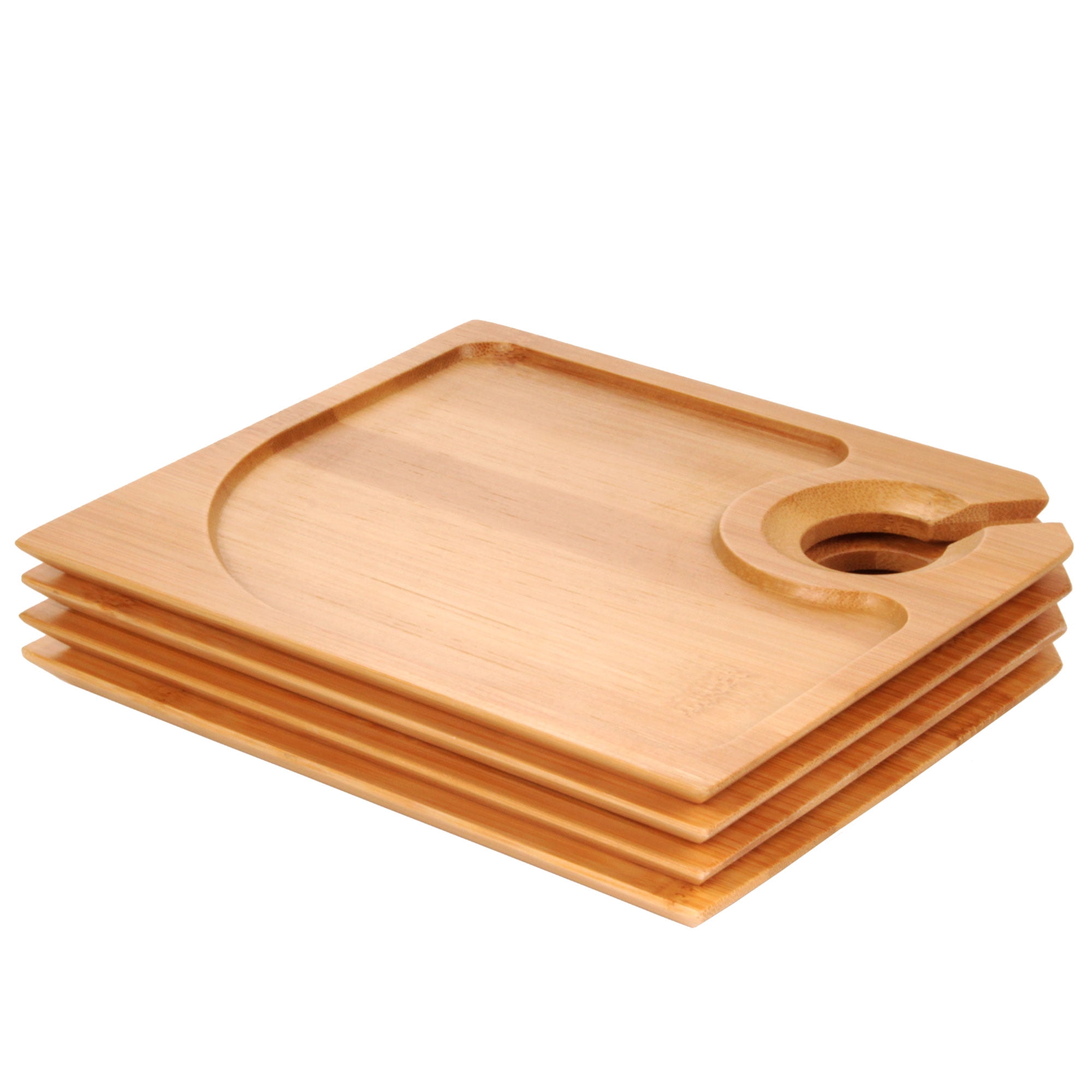 BambooMN 7 x 5.9 Bamboo Cocktail Appetizer Plates with Wine Glass Holder 4 Pieces 
