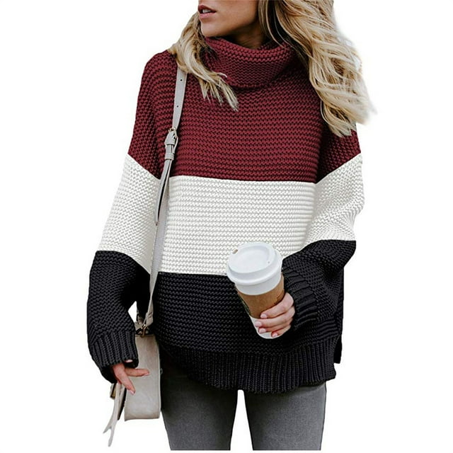 EGNMCR Chandail à Col Rond pour Femmes, Chandail pour Femmes et Blouse Décontractée d'Hiver à Col Roulé pour Femmes, Chandail à Manches Longues en Tricot Patchwork Women Sweater