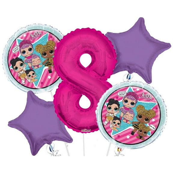 LOL Round Balloon Bouquet 5 pc, 8th Birthday, Hot Pink Number 8 Jumbo Balloon