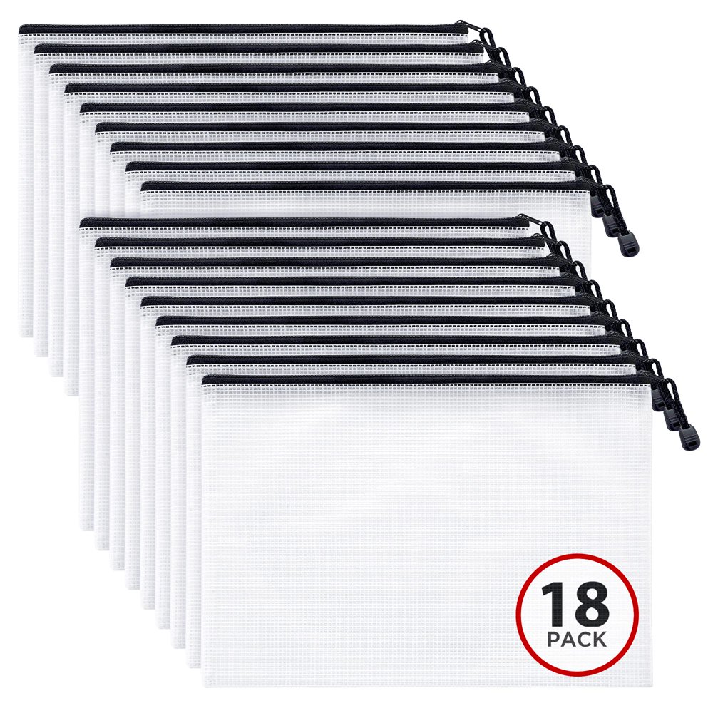 Mesh Zipper File Pouch, A4 Letter Size, White Translucent Bags with Black Zip, 18 pcs by Mifflin