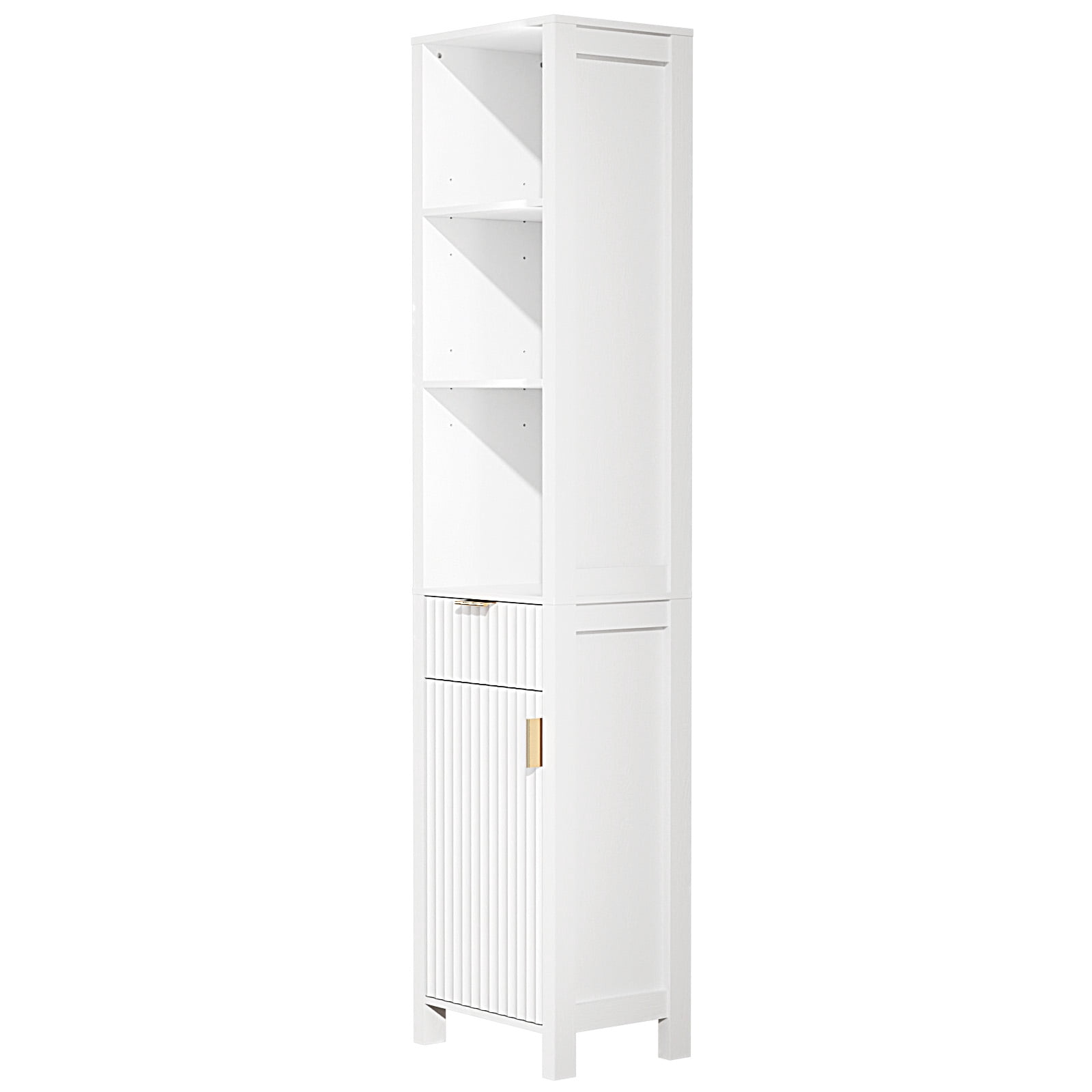 Ktaxon Fluted Bathroom Storage Cabinet Narrow Tall, Freestanding Cabinet Storage Tower with Grille Single Door and One Drawer, White