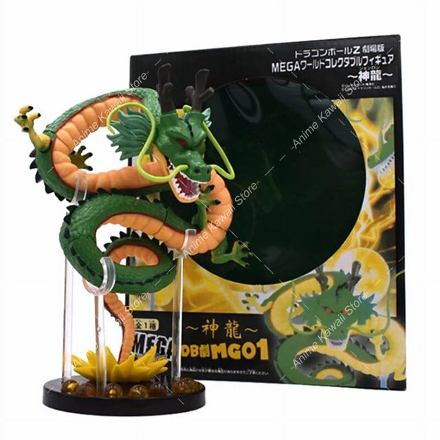 dragon ball z shenlong figura de acción anime cyan gold shenron deseando dragón modelo super saiyan estatuilla estatua juguetes niños regalos Figurilla Shenron en 3/4 frontal sobre base circular; dragón enrollado verde con vientre naranja, cuernos y bigotes, soportes transparentes y esferas de energía amarillas, escala 1/60 en PVC, incluye caja ilustrada.