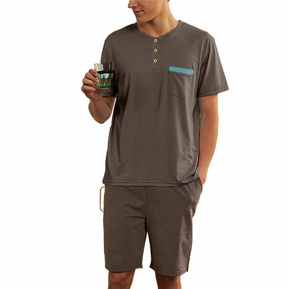 MuZeFu Pajama Set for Men 2 Piece Short Men'S 2024 Summer Solid Color Casual And Comfortable Short-Sleeved Shorts Pajamas Set Home Wear Can Be Worn Outside