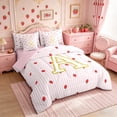 thumbnail image 2 of Meiyoeat Cute Gold Letter A Twin Bedding 7-Piece for Girls, Strawberry Stripe Print Bedding Comforter Set, Pink Red,Pink Reversible, 2 of 6