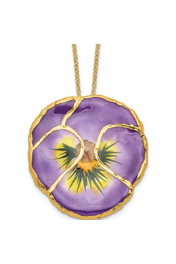 Fashion 24K Gold-Trim Lacquer Dipped Lilac Pansy 20 Inch Gold-Tone Necklace Made In Thailand bf2023-20