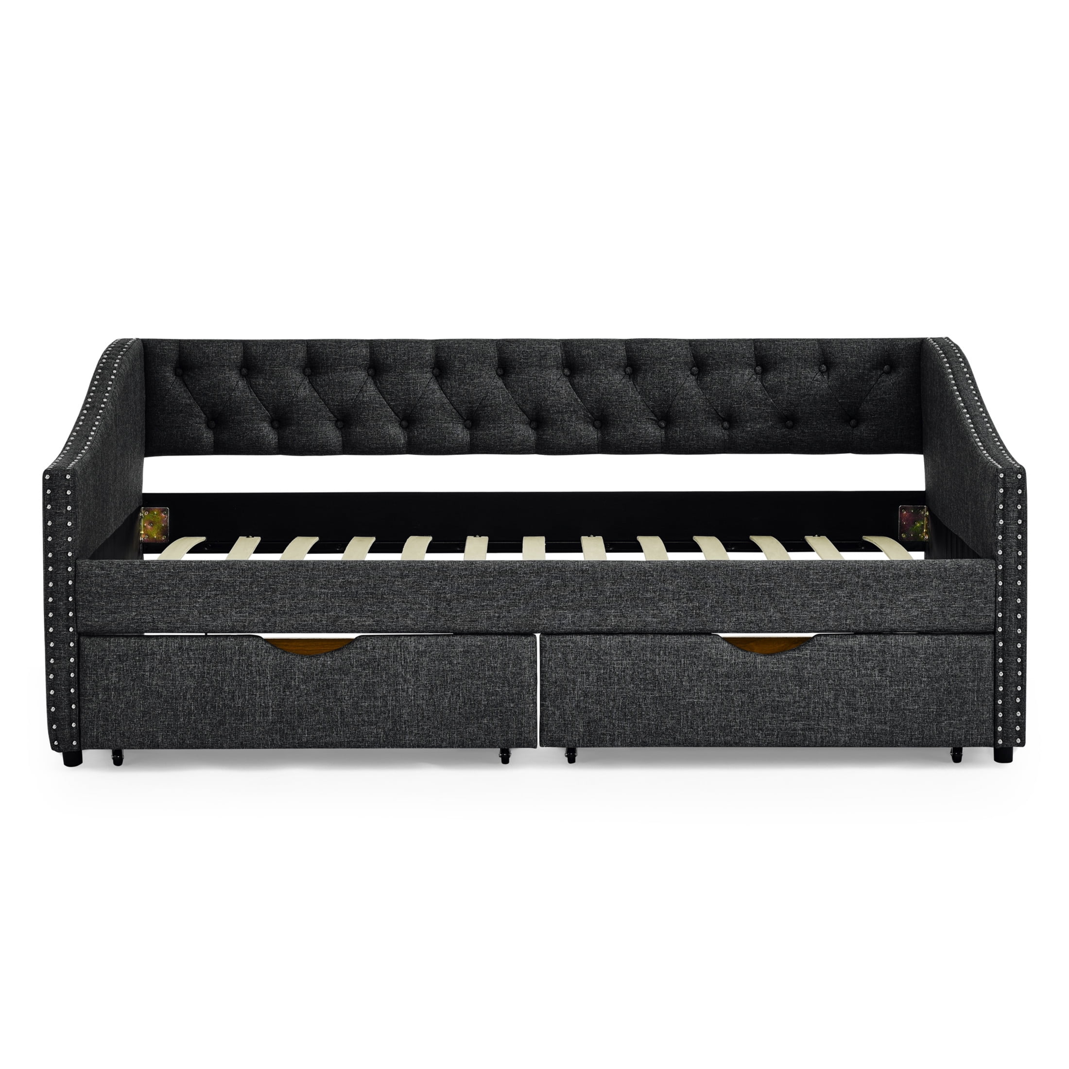 Noble House Twin Size Button Tufted Daybed, Linen Sofa Bed Frame with Storage Drawers and Nailhead Waved Arms, Dark Grey
