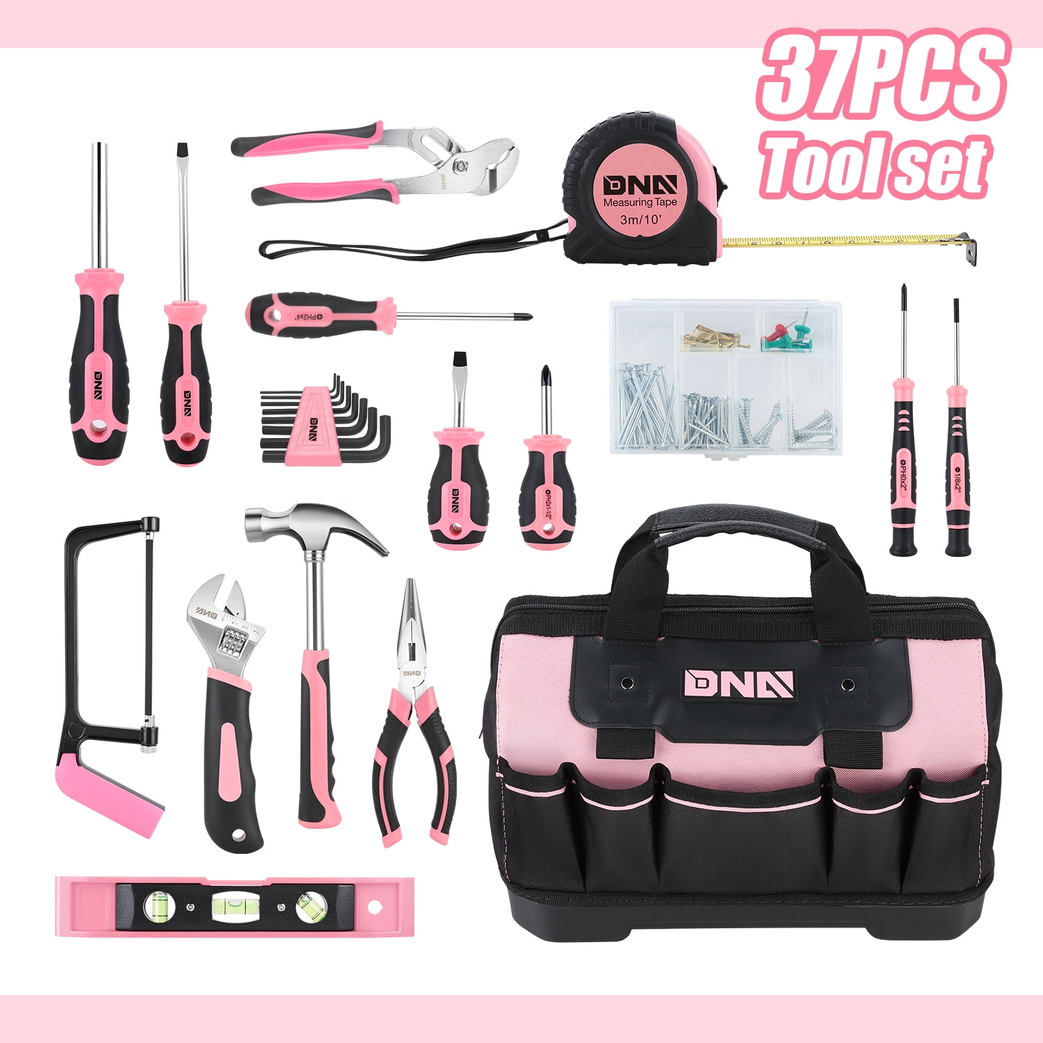 DNA Motoring TOOLS-00206 Pink 37 PCs Portable Tool Kit Household General Repair Water Pump Pliers Hacksaw Set Hand Tool Canvas Bag