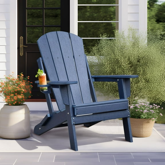 JP OUTDOOR Outdoor Folding HDPE Adirondack Chair, Patio Resin Adirondack Chair with Cup Holder, Blue