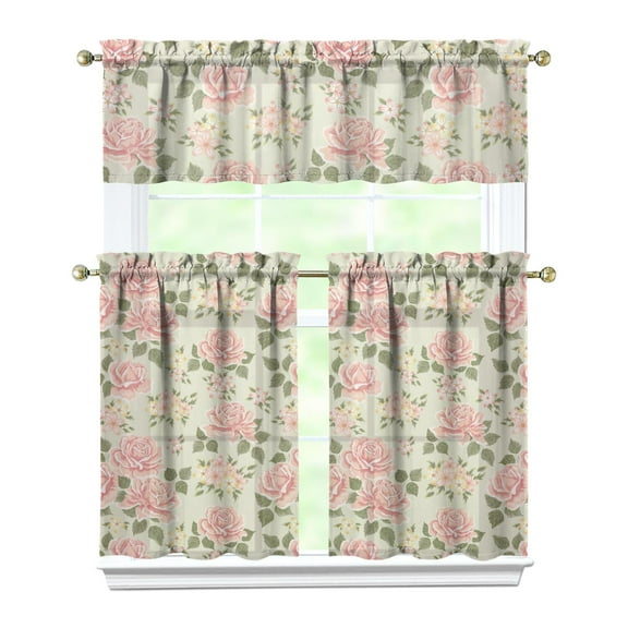 Pioneer Kitchen Curtains and Valance Set 36 Inch Tier Beautiful Pink Roses Bush 3 Pieces Set Dining Room Small Curtain Drapes Cafe Curtains Valance for Home Decor Rod Pocket