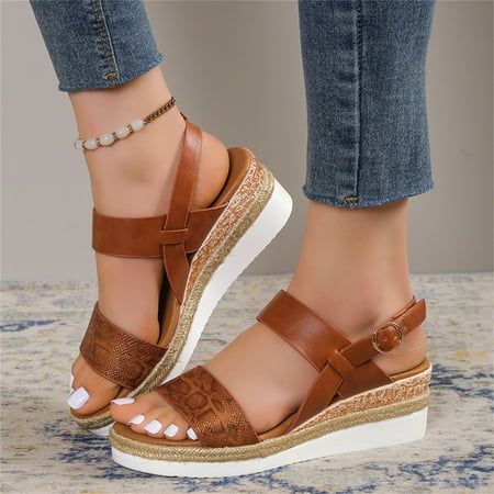 

ZHELIYO Women s sandals Ladies Fashion Lines Print Leather Open Toe Buckle Sloping Heel Thick Sole Sandals Brown 6.5