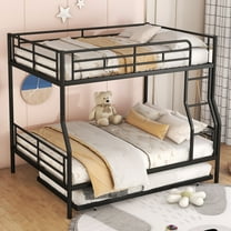 Full XL Over Queen Metal Bunk Bed with Trundle, Heavy Duty Twin Size Metal Bunk Beds Frame with Ladders and Safety Guard Rails, No Box Spring Needed (Black)