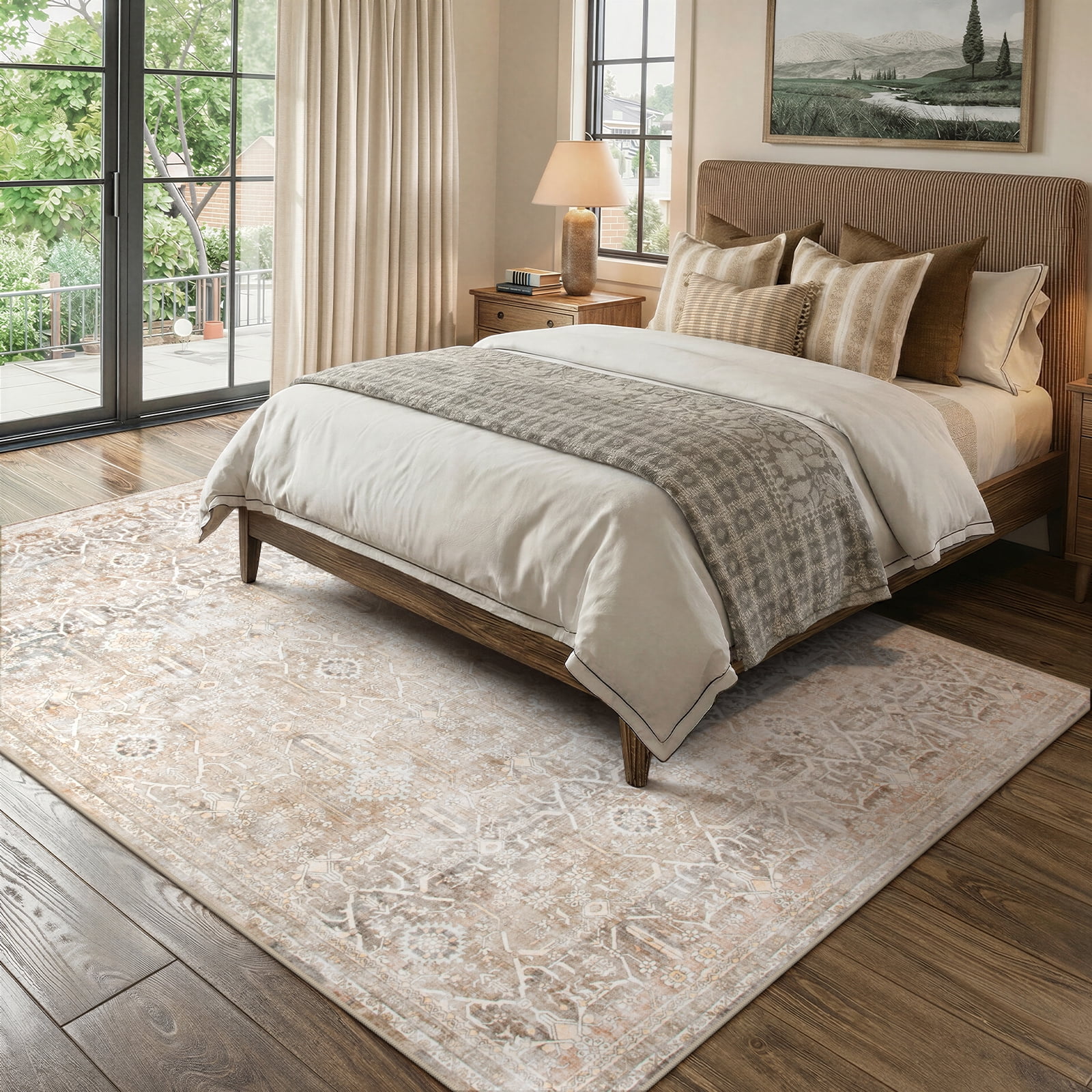 Lahome Area Rug for Living Room 5'x7', Machine Washable Neutral Farmhouse Rugs for Bedroom, Soft Non-Slip Low Pile Indoor Floor Accent Carpet for Office Entryway Nursery Dining Room - Beige