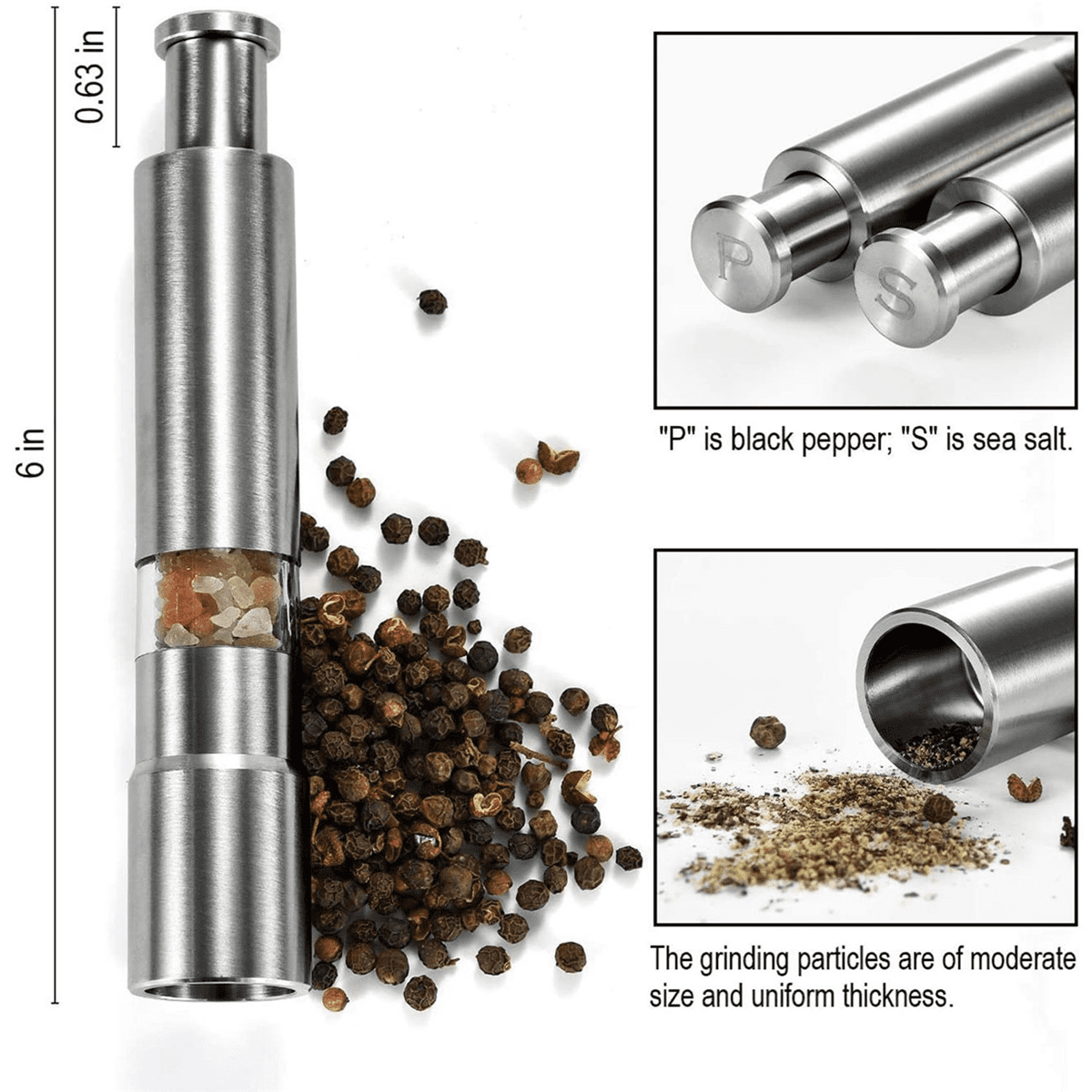 Salt and Pepper Grinder Set of 4, Pepper Mill Stainless Steel Salt Shaker Push-Button Manual Glass Salt and Pepper Set,4 x pepper grinder 2 x Base,Silver