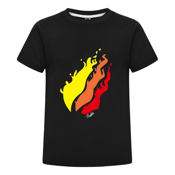PrestonPlayz Kids T-Shirt Boys Girls Flame Logo Tee Yellow Orange Red Fire Graphic Cotton Top Casual Short Sleeve Gamer Shirt Birthday Gift