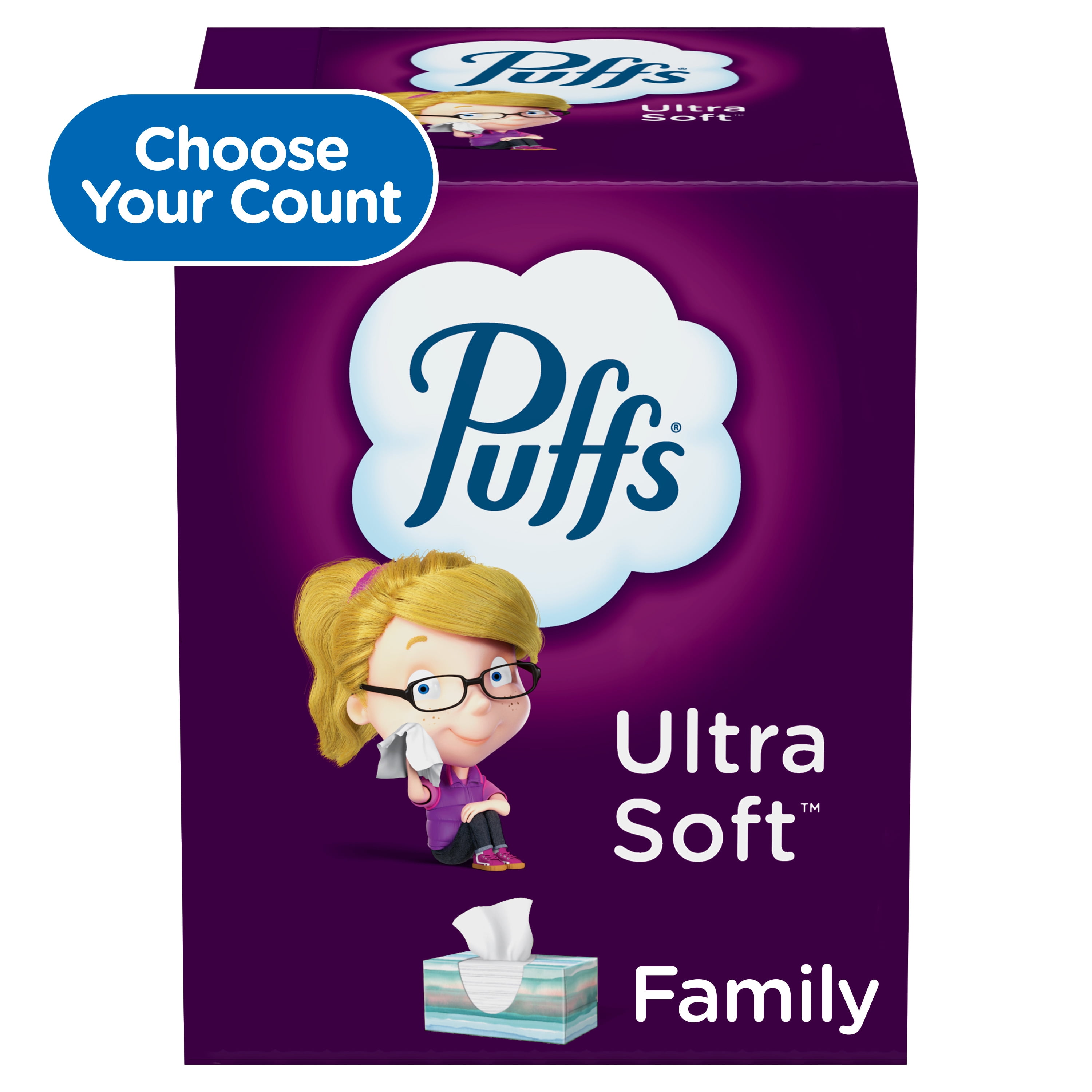Puffs Ultra Soft Facial Tissues, Family Size Box, 124 Tissues per Box, 4 Count