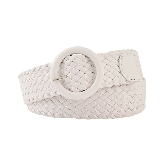 TELOLY Women's Woven Belt O Ring Round Buckle Braided Web Belt Cute Holeless Fashion Casual Faux Leather Weave Belt For Dress White One Size