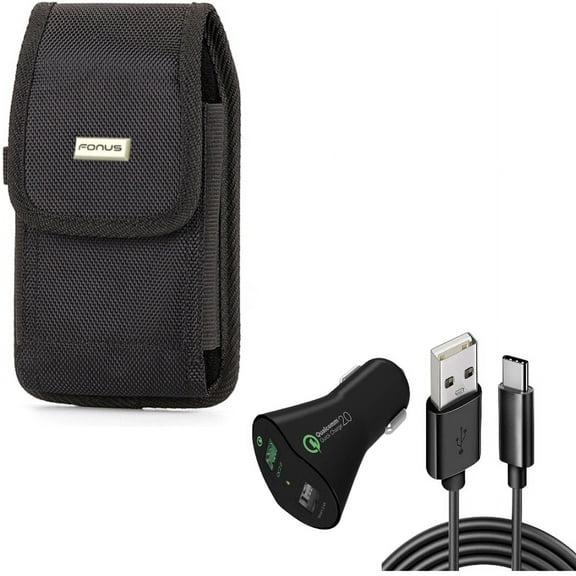 Car Charger & Case Belt Clip for iPhone 15 Pro - 30W Fast 2-Port USB 6ft Cable Type-C and Rugged Holster Canvas Cover X9O for iPhone 15 Pro (6.1")