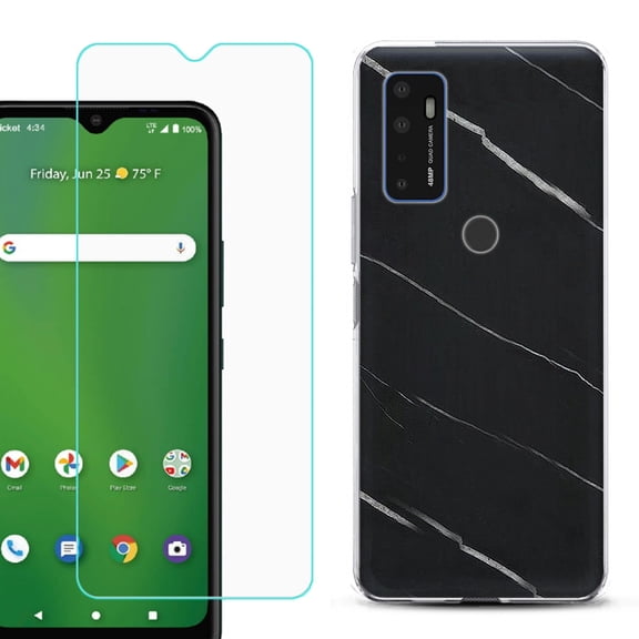 Shockproof Bumper Phone Case for AT&T Radiant Max 5G / Fusion 5G, with Tempered Glass Screen Protector, by OneToughShield ® - Marble / Black