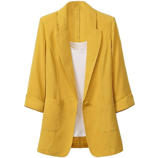 Avamo Ladies Blazers Suit Neck Cardigan Jacket Solid Color Business Jackets Mid Length Coat Work Outwear Yellow 3XL