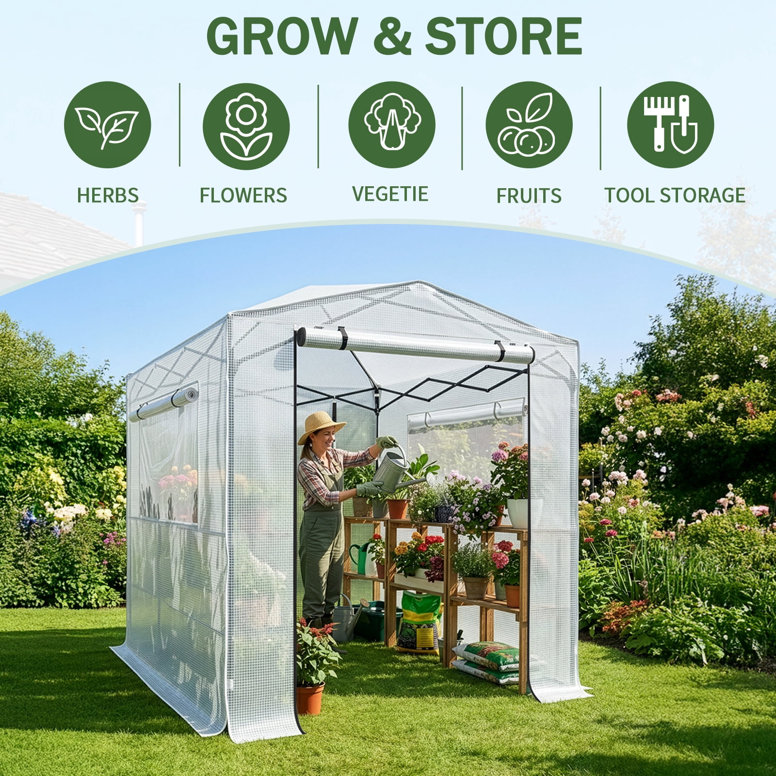 Ktaxon Pop Up Greenhouse Tent, 6x8ft Instant Walk-in Design with White Weatherproof PE Cover