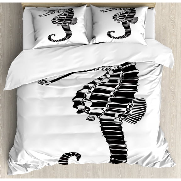 Seahorse Queen Size Duvet Cover Set, Monochrome Graphic Illustration of Seahorse Figure Ocean Biodiversity Theme, Decorative 3 Piece Bedding Set with 2 Pillow Shams, Black and White, by Ambesonne