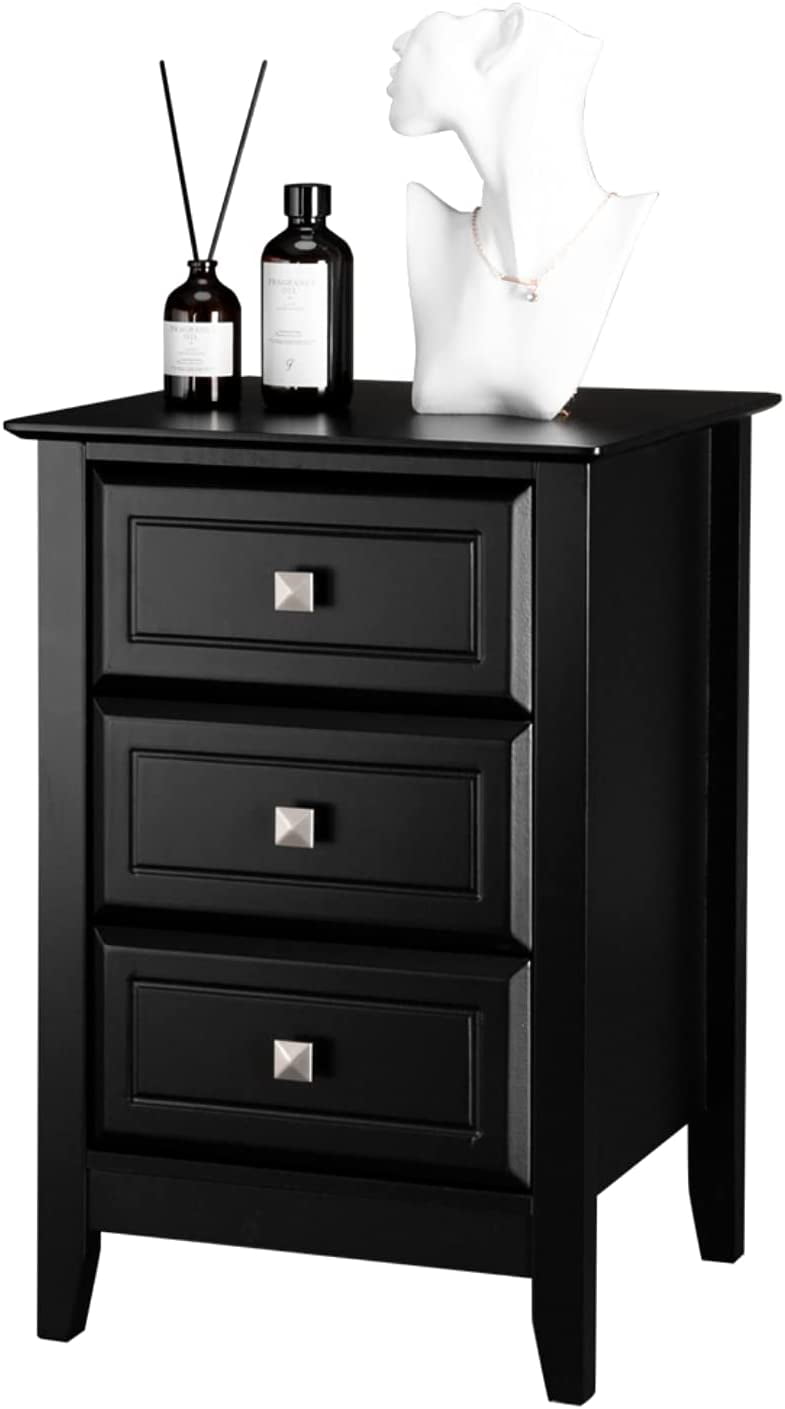 VINGLI Nightstand with 3 Drawers, Modern Bedroom Bed Side Table Black