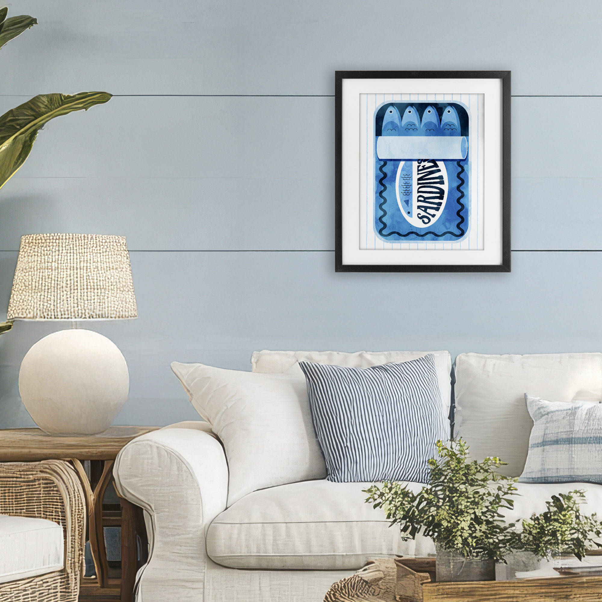 Blue Sardine Tin Over Stripes Black Framed Print Under Glass, design by Daphne Polselli