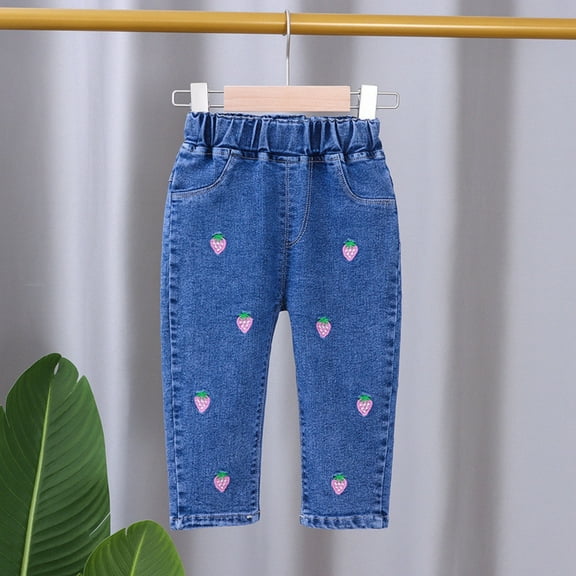 Vunhao Girls Jeans, Relaxed Fit Casual Cotton Elastic Waist Girls Denim Pants on Clearance Blue Size 1-2 T