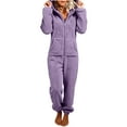 thumbnail image 2 of BLTIBY Sherpa Jumpsuit for Women Hoodies Fuzzy Pajamas Long Sleeve Adult Onesie Pajamas Winter Rompers Sleepwear with Pockets Purple 3XL, 2 of 5
