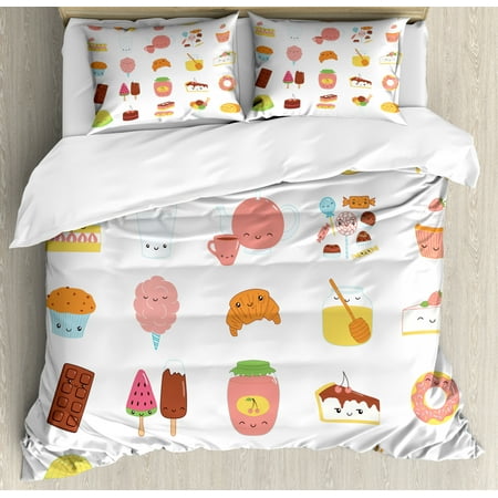 Food Duvet Cover Set King Size, Dessert Concept Sketches Ice Cream Donut Cake Honey Cupcake Chocolate Everything Sweet, 3 Piece Bedding Set with 2 Pillow Shams, Multicolor, by