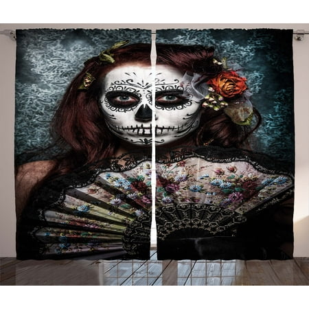 Day Of The Dead Decor Curtains 2 Panels Set, Make up Artist Girl with Dead Skull Scary Mask Roses Print, Window Drapes for Living Room Bedroom, 108W X 84L Inches, Cadet Blue Maroon, by Ambesonne