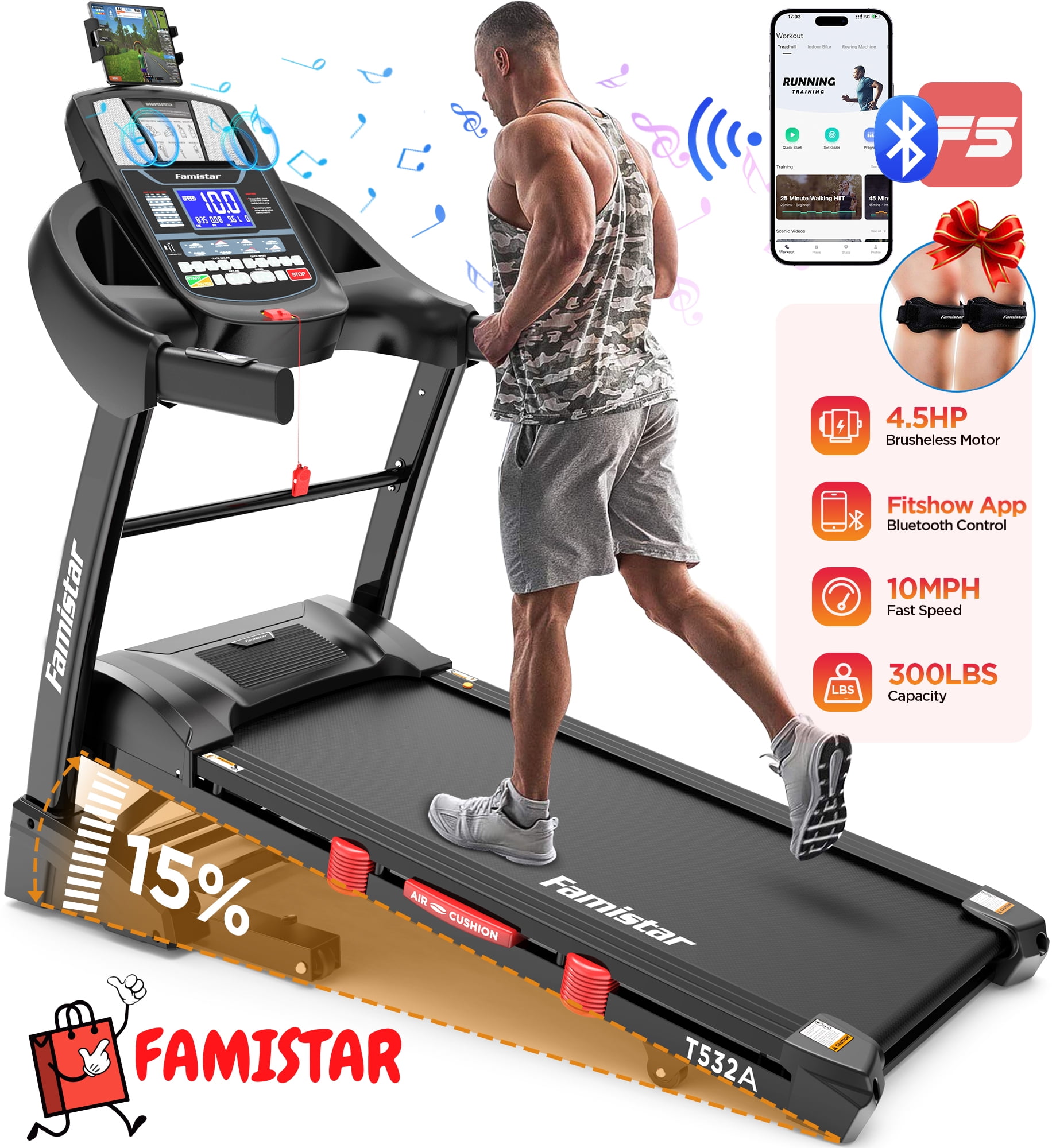 Famistar 4.5HP Folding Treadmill with 15 Auto Incline 300 lbs Capacity App Control Bluetooth Walmart