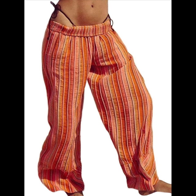 Pantalones de Rayas para Mujer, Cintura Alta, Pierna , Algodón y , Moda Playera, Cintura Elástica, Pantalones Casuales Sueltos. Naranja M
