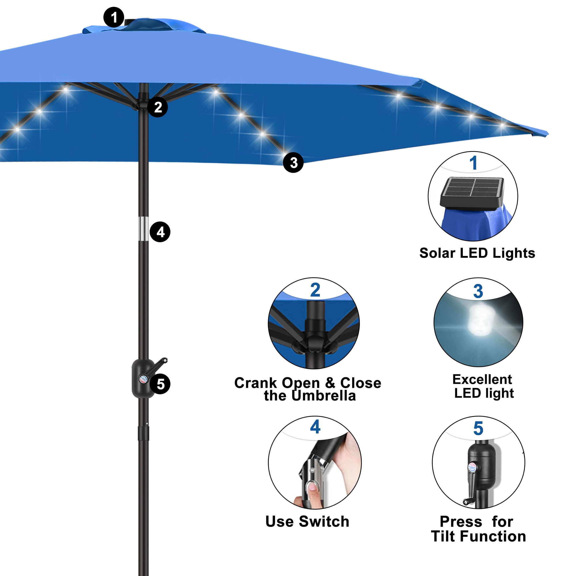 Scafild | 7.5 Ft Solar LED Light Patio Umbrella Outdoor W/ Easy Tilt - Ocean Blue