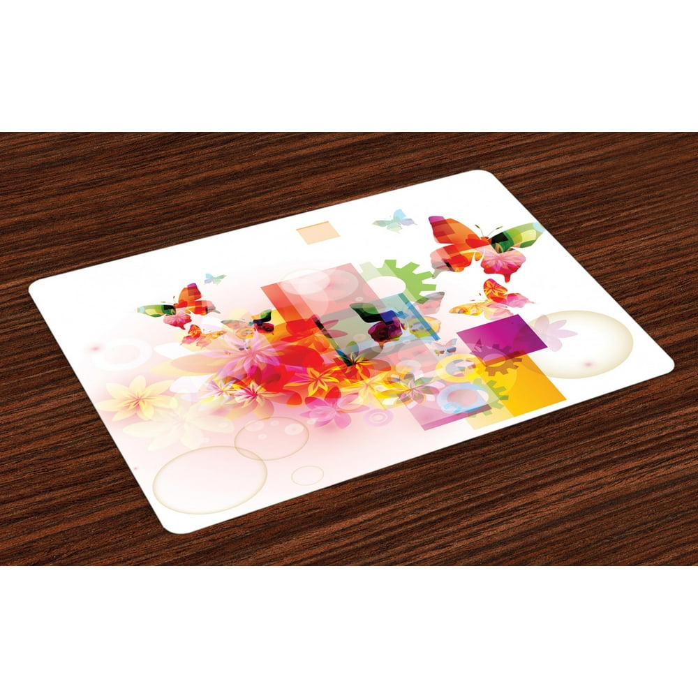 Abstract Placemats Set of 4 Natural Design with Flowers Leaves Squares