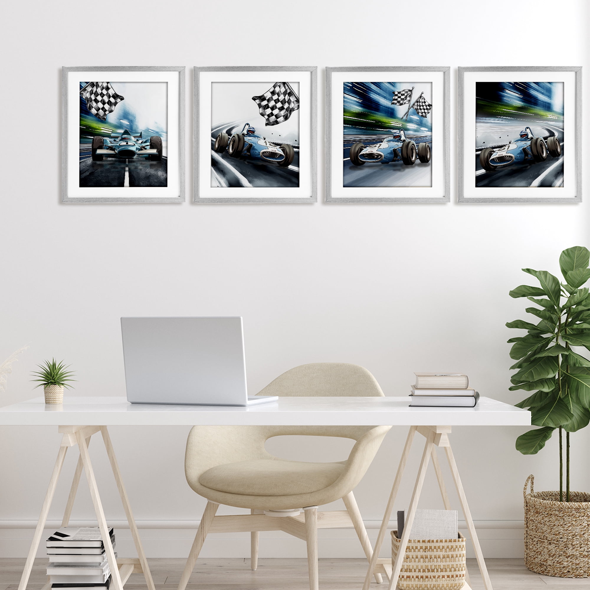 Stupell Industries Ready Set Racecars 4 Piece Gray Framed Print Under Glass Set, design by Christine Simpson Art