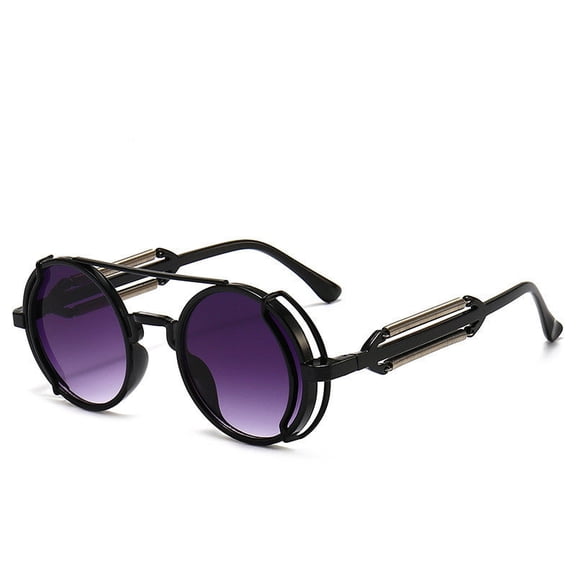 Metal Frame Sunglasses Round Hollow Out Design Fashion Eyewear for Men and Women with PC Lenses Gray Green for