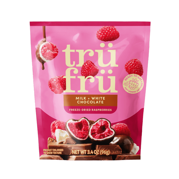 Tru Fru Freeze Dried Raspberries in Milk & White Chocolate 3.4 oz Resealable Pouch