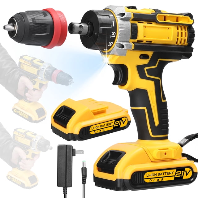 TFixol Tournevis et Perceuse Électriques 2-en-1 Sans Fil 21V avec Lumière LED, Système de Refroidissement et Rangement des Embouts pour la Maison, le Bricolage et les Réparations Automobiles (Inclut 2 Batteries et un Chargeur, Norme US 110V)