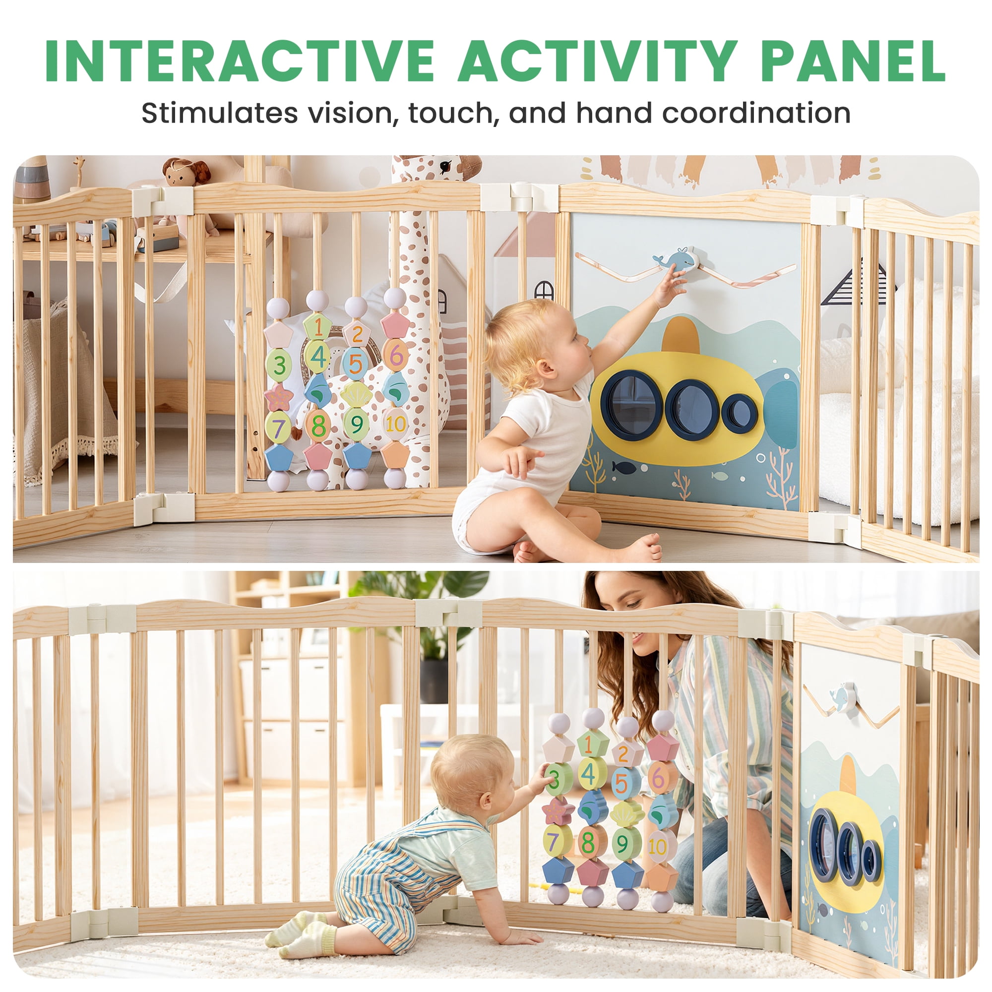 WoodTooy 8-Panel Solid Pine Wood Kids Safety Play Fence Set , Easy Assembly for Indoor Play Areas