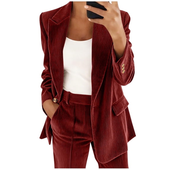 TEAJOPSUU Corduroy Blazer for Women Business Casual Long Sleeve Lapel Open Front Suit Jacket Dressy Ribbed Work Blazer with Pockets Burgundy