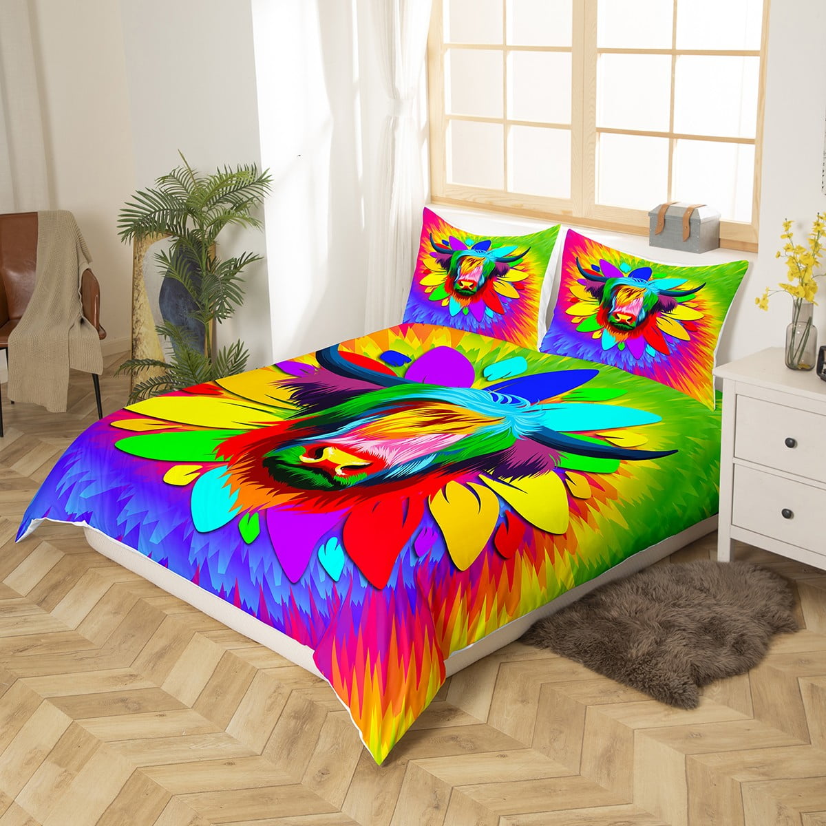 Yst Colorful Tie Dye Bedding Set Twin Watercolor Highland Cow Comforter Cover 2pcs Rainbow Sunflower Print Duvet Cover Farm Animal Quilt Cover With 1