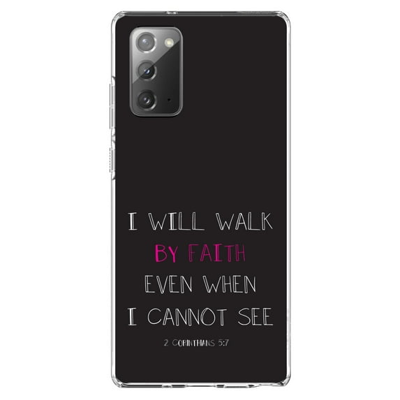 DistinctInk Clear Shockproof Hybrid Case for Samsung Galaxy Note 20 (6.7" Screen) - TPU Bumper, Acrylic Back, Tempered Glass Screen Protector - 2 Corinthians 5:7 - Walk By Faith Even When I Cannot See