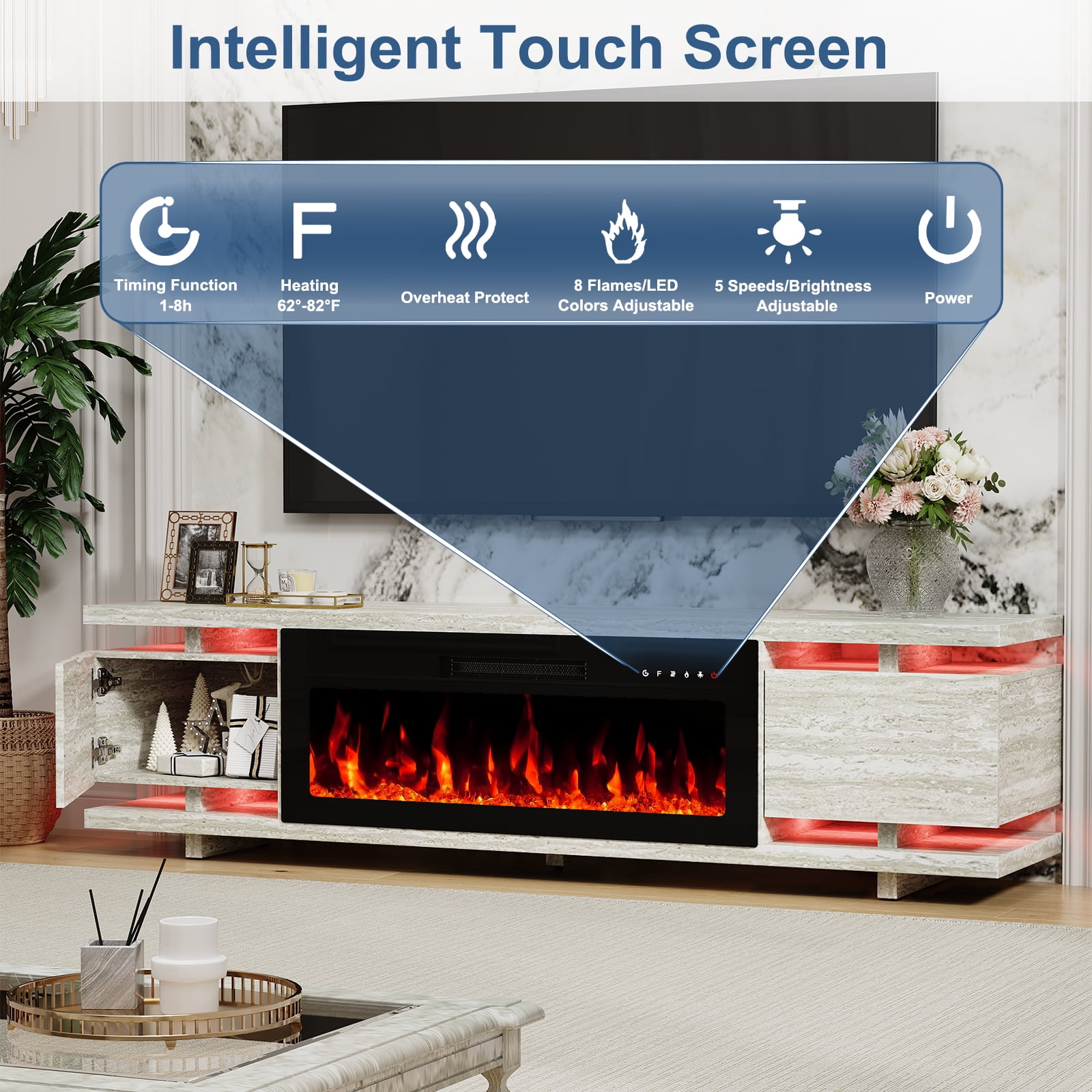 FAGAGA 69" Electric Fireplace TV Stands for TVs up to 80", LED Lights and Remote Control,Travertine