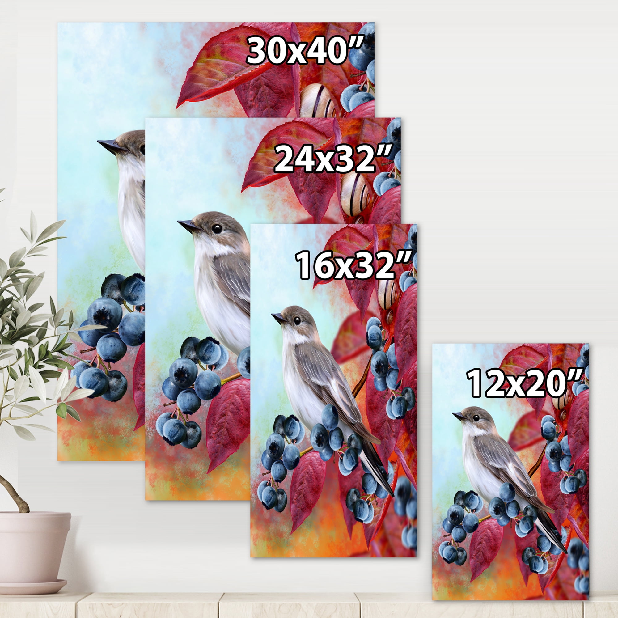 Designart ' Close Up Little Gray Bird On Red Autumn On Blueberry Twig ' Traditional Canvas Wall Art Print